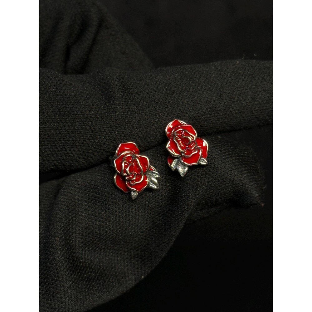 Sterling Silver Red Rose Enamel Stud Earrings